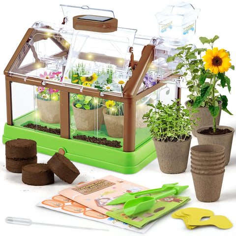 Kids Plant Growing Kit With Mini Greenhouse Upgraded Irrigation And Grow Light Solar Powered Garden Set For Beginners shown with plants and tools.