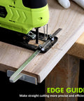 Badass 12V Cordless Jigsaw Kit With 10 Durable Alternating Teeth Blades And Precision Edge Guide cutting wood with an edge guide.