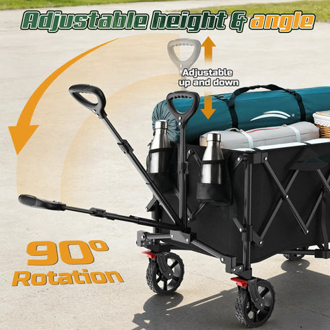 Heavy Duty Foldable Wagon Cart With Wheels 450 Lb Capacity Lightweight Portable Utility Wagon With Two Cup Holders For Camping Beach Garden Sports And Grocery showing adjustable handle and rotation