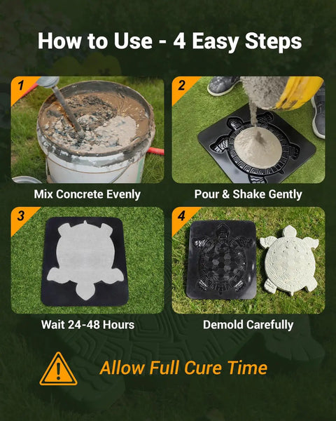 How to use Tortoise Shaped Stepping Stone Mold For Concrete in four steps: mix, pour, wait, and demold for garden decor.