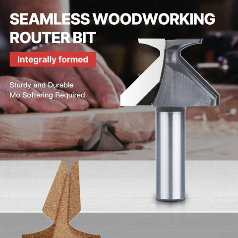 Half Inch Shank R18 Seamless Woodworking Router Bit Arc Bending Integrated Milling Cutter Carbide Tip V Bit displayed on a workbench