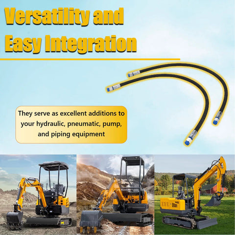 Two 32-inch hydraulic diverter valve hoses with blue end fittings for mini excavator; M14 hose, 1/4in interface, 60 MPa