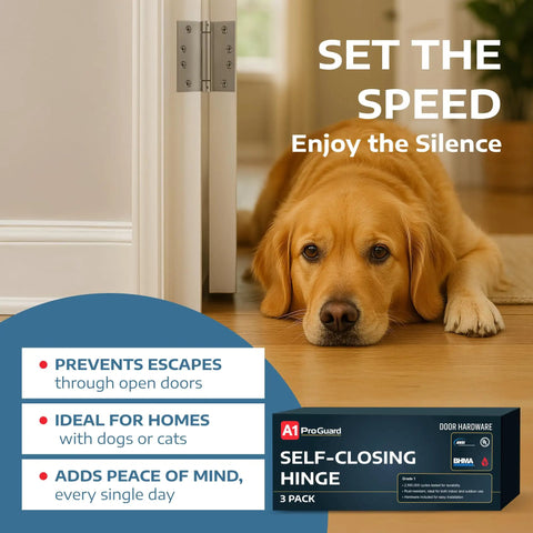 Built Tough Heavy Duty Satin Steel Door Hinges 4.5 Inch Self Closing Adjustable Spring Hardware Commercial Grade in a home setting with a dog