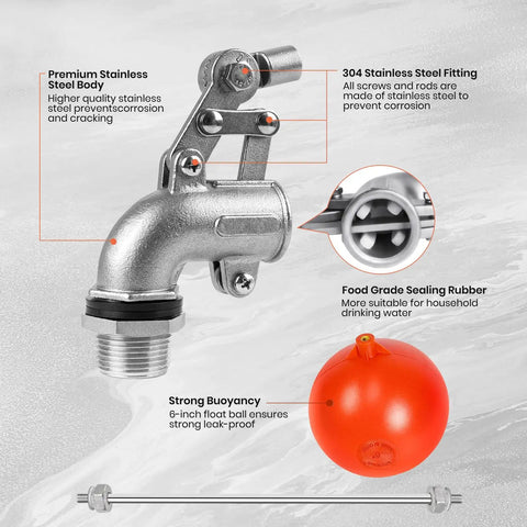 Heavy Duty Stainless Steel Float Valve For Water Tanks With Six Inch Float Ball And Three Quarter Inch Inlet Automatic Water Level Control For Commercial Agricultural And Industrial Use Rust Resistant 304 Grade, 304 stainless body