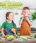 HAIMST kids knife set on a kitchen table with two children, wooden safe knives and cutting board