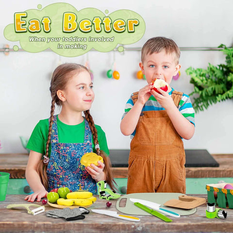 HAIMST kids knife set on a kitchen table with two children, wooden safe knives and cutting board