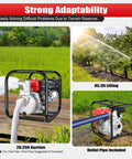 Gas Powered Water Transfer Pump With Two Inch Inlet And Outlet, 7.5HP 212cc Four Stroke Engine, shown in various outdoor settings.
