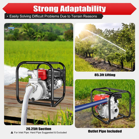 Gas Powered Water Transfer Pump With Two Inch Inlet And Outlet, 7.5HP 212cc Four Stroke Engine, shown in various outdoor settings.