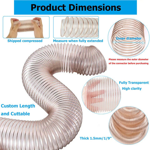 Heavy Duty Shop Grade Vacuum Hose Flexible Dust Collector Pipe Built Tough For Woodworking With Puncture Resistant Pu Polyester Weave And Knockout Suction Capacity, transparent flexible dust collection hose dimensions.