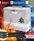 Locking Fireproof Document Box With Waterproof Seal And Portable Design, Fireproof File Organizer, white with lock, surrounded by flames and water droplets