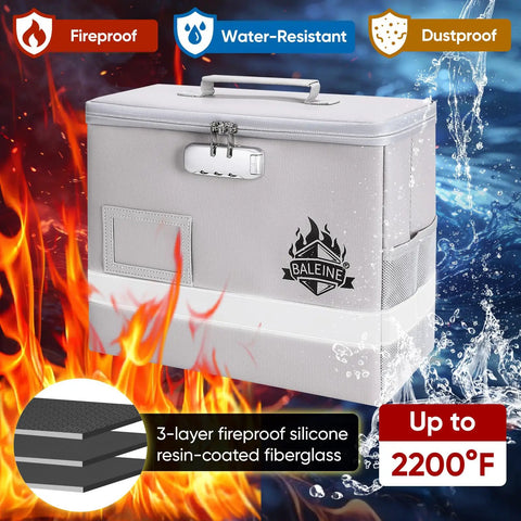 Locking Fireproof Document Box With Waterproof Seal And Portable Design, Fireproof File Organizer, white with lock, surrounded by flames and water droplets