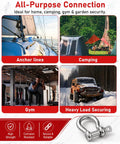 Rock Solid 3/8 Inch 304 Stainless Steel D Ring Tow Shackles Hella Rust Resistant Marine Clevis Hook for anchor lines, camping, gym, and heavy load securing.