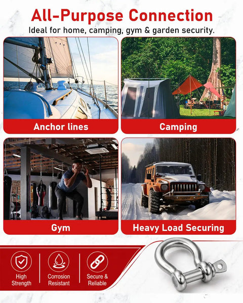 Rock Solid 3/8 Inch 304 Stainless Steel D Ring Tow Shackles Hella Rust Resistant Marine Clevis Hook for anchor lines, camping, gym, and heavy load securing.