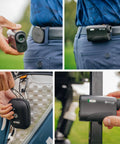 2S Pro Golf Range Finder With Slope And Pin Finder attached to belt and cart, showing magnetic mount, compact size, waterproof design