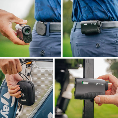 2S Pro Golf Range Finder With Slope And Pin Finder attached to belt and cart, showing magnetic mount, compact size, waterproof design