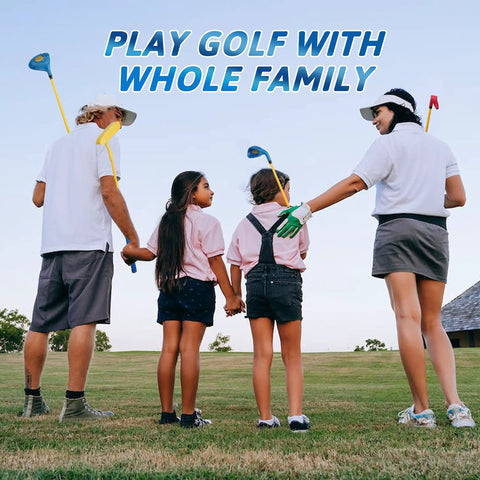Family with children playing golf using Kid Friendly Beginner Golf Club Set With Wood Iron And Putter, 3 Balls And Bag
