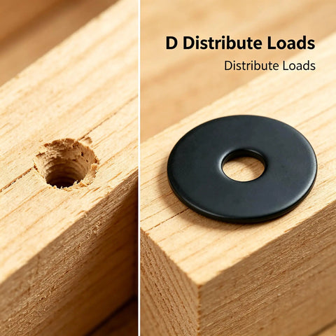 50 Pcs Quarter Inch Fender Washer Black Zinc Plated 1 Inch OD Flat Washers for Screws shown on wooden surface, beefy hardware