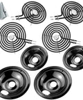8 Piece Porcelain Drip Pans And Electric Stove Burner Replacement Set Includes Two 6 Inch Drip Pans, Two 8 Inch Drip Pans, And Four Burner Elements For Easy No Fuss Stove Top Replacements with cloth in view.