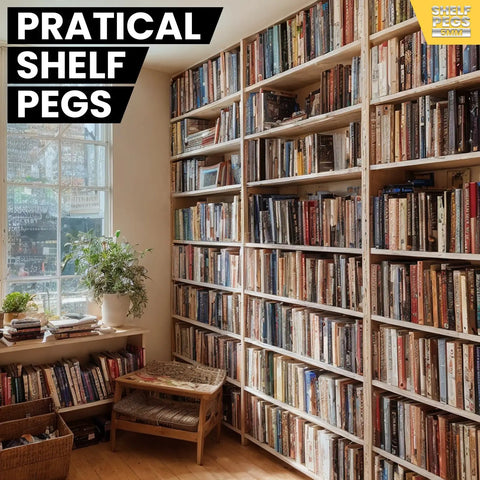 Heavy Duty 100 Pack Stainless Steel Shelf Pins With Polished Nickel Finish supporting books in a home library shelf.