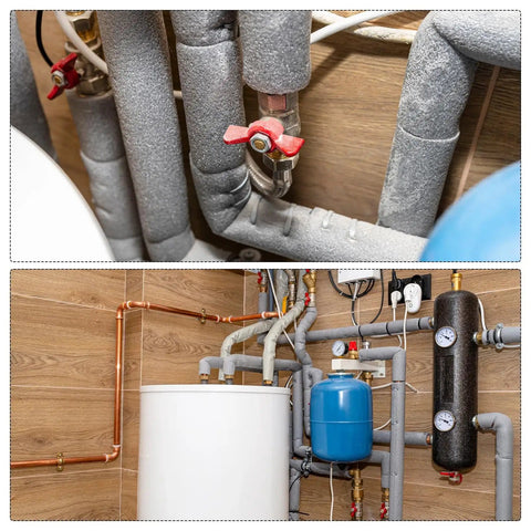 2 Pack Pipe Insulation Foam Tubes 0.6 Inch ID By 1 Inch OD 3 Feet Long installed on copper water lines for heat preservation