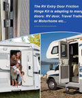 Built Like A Tank Black Six Leaf Friction Hinge Assembly For RV Camper And Entry Doors shown on RV doors with family.