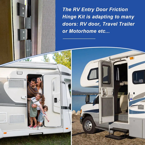 Built Like A Tank Black Six Leaf Friction Hinge Assembly For RV Camper And Entry Doors shown on RV doors with family.