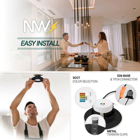 4 Inch Gimbal LED Recessed Can Lights in Black Finish 5 CCT Tunable White 2700K to 5000K 750 Lumens 10W Dimmable installation guide