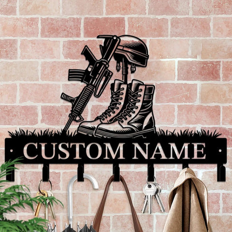 Personalized Gun Theme Wall Hooks For Keys And Clothes, Heavy Duty Matte Black Cast Iron with custom name, rifle design