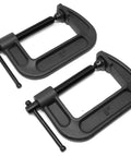Two heavy-duty cast iron C-clamps with 3-inch jaw opening and 2-inch throat, smooth black oxidized finish, low-resistance screw threads.