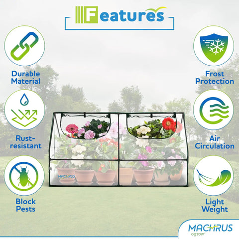 Compact Garden Cloche Mini Greenhouse showcasing features like durability, frost protection, and air circulation over potted plants.