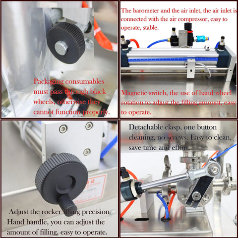 Heavy Duty Stainless Steel Automatic Liquids Filling And Sealer With Horizontal Mixing Hopper detail of operational components and adjustments.