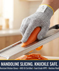 Cut Resistant Kitchen Gloves ANSI A5 Level 5 HPPE For Mandoline Slicing And Oyster Shucking Food Safe Super Grippy Durable Hand Protection For Chefs And Home Cooks Comfort Fit in use with mandoline slicer