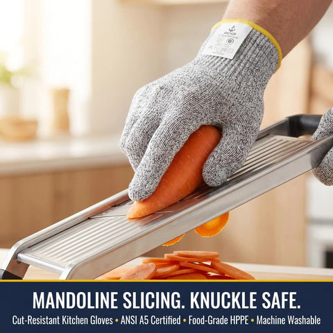 Cut Resistant Kitchen Gloves ANSI A5 Level 5 HPPE For Mandoline Slicing And Oyster Shucking Food Safe Super Grippy Durable Hand Protection For Chefs And Home Cooks Comfort Fit in use with mandoline slicer