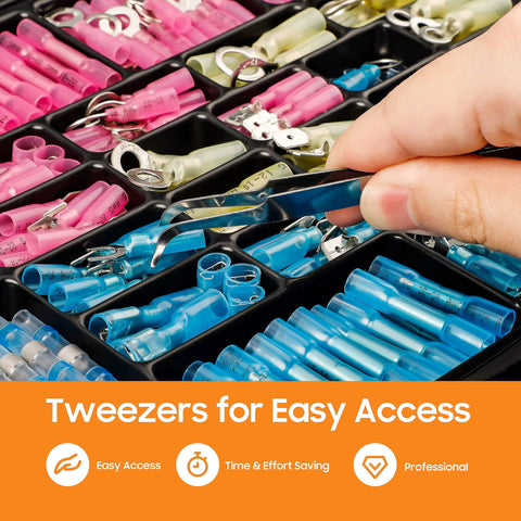 Assorted insulated heat-shrink wire connectors kit with blue and pink terminals in a tray; hand using tweezers.
