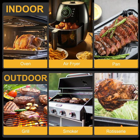 Wireless Bluetooth Meat Thermometer with Dual Ultra-Thin Probes in use for indoor and outdoor cooking options, oven to grill.