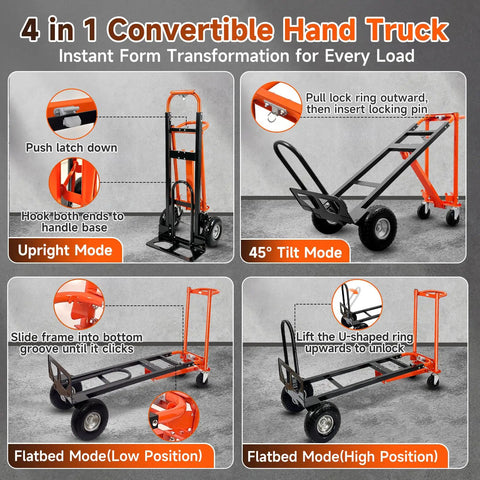 4 In 1 Convertible Hand Truck Heavy Duty Alloy Steel Folding Dolly Cart showing four configurations for moving tasks.