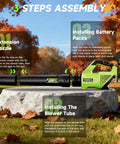Cordless Leaf Blower With Dual 5.2Ah Batteries And Charger 650 CFM Electric Blower assembly steps on stone platform outdoors