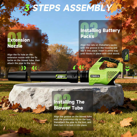Cordless Leaf Blower With Dual 5.2Ah Batteries And Charger 650 CFM Electric Blower assembly steps on stone platform outdoors