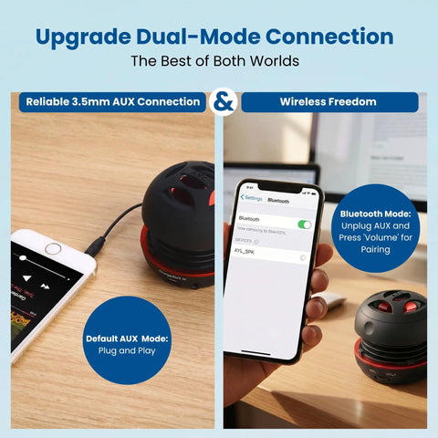 Ultra Portable Tiny But Mighty Mini Bluetooth Speaker With 3.5mm Aux Input Built In Mic And Plug And Play Ideal For Laptop MP3 Smartphone Or Any Device Compact Travel Sized Wireless Speaker Black Ready To Rock shown dual-mode connection with phone