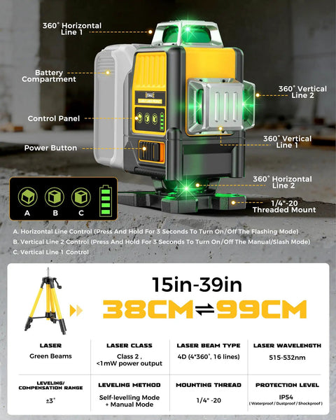 Green Laser Level With Tripod 4D 360 Degree Self Leveling Line Laser For Construction And Tile Work Indoor Renovation 16 Lines Pro Grade High Visibility Beam Accurate Plumb And Level Tool Only Works With DeWalt 20V Battery, 39in tripod