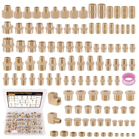Dazakoot 111Pcs Hose Pipe Fitting Assortment Kit displayed with various brass fittings and a storage box