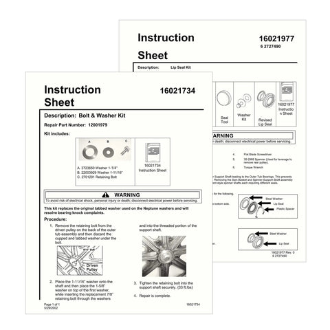 Instruction sheets for Heavy Duty Washing Machine Tub Bearing Rebuild Kit With High Temp Grease And Precision Knockout Seals.