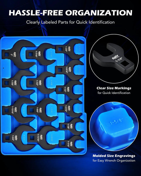 Beefy 14 Piece Jumbo Crowfoot Wrench Set With SAE Sizes From 1-1/16 Inch To 2 Inch For Flare Nut Removal Fits 1/2 Inch Drive Rachets And Extenders Blackened Cr-V Steel Crowfoot Wrenches With Carry Case. organized in labeled blue tray