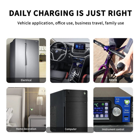 Image showing daily charging applications for electrical devices, cars, bicycles, home decor, computers, and instrument control.