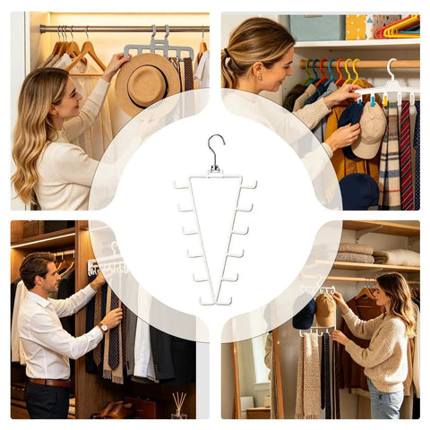 Game Changing Dual Side Closet Hanger With Twelve Rotating Hooks For Organizing Belts Scarves Ties And Gear in a stylish closet.