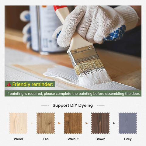 Applying white paint on spruce wood for Glass Sliding Barn Door Kit 34 By 84 Inch With Six Feet Of Hardware Included Five Panel Frosted Glass