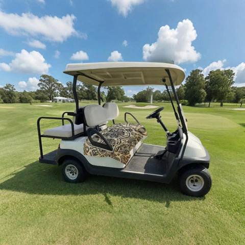 Two Seater Golf Cart Seat Covers Microfiber Towel Blanket With Vintage Car Engine Print on golf cart in grass field