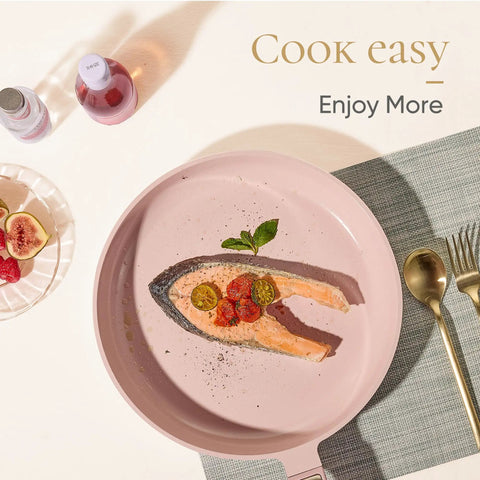 Nonstick Cookware Set 14 Piece, PFAS Free And Non Toxic, Dishwasher Safe, Camping And RV Ready, Pink Blush Granite Coated Pan