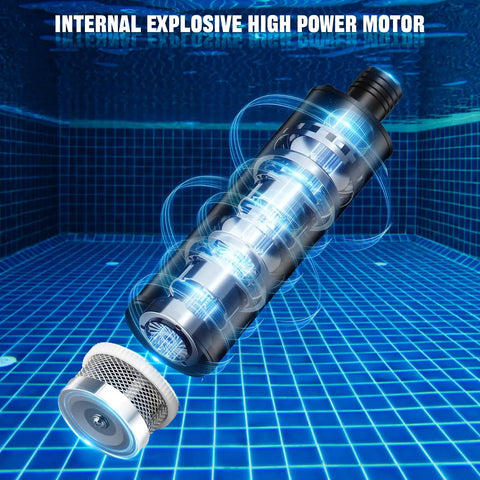 Plug And Go Submersible Water Pump Built For Makita 18V Batteries 635 GPH motor detail under water with blue grid background.