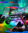 6 Piece Underbody LED Light Kit For Golf Carts With Canopy Lights Dream Color Neon Accent Lights App Remote Control Sound Active Music Sync IP67 Waterproof 12V-66V Compatible For EZGO Yamaha Club Car installed on a golf cart, showing vivid colors and music sync feature.